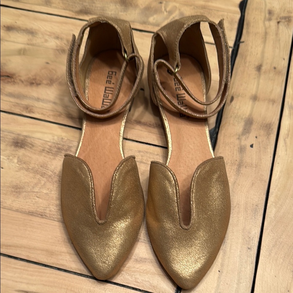 Anthropologie Gold Metallic Pointed V-Cut Ankle Strap Flats